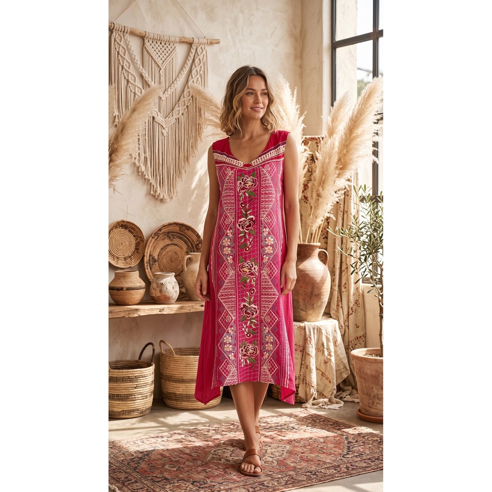 JW Los Angeles Johnny Was Sabine Pink Floral Embroidered V-Neck Shift Dress Sm.